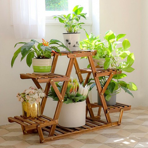 6 Tier Wooden Plant Stand Shelves Rack Flower Pot Display Garden Outdoor Indoor