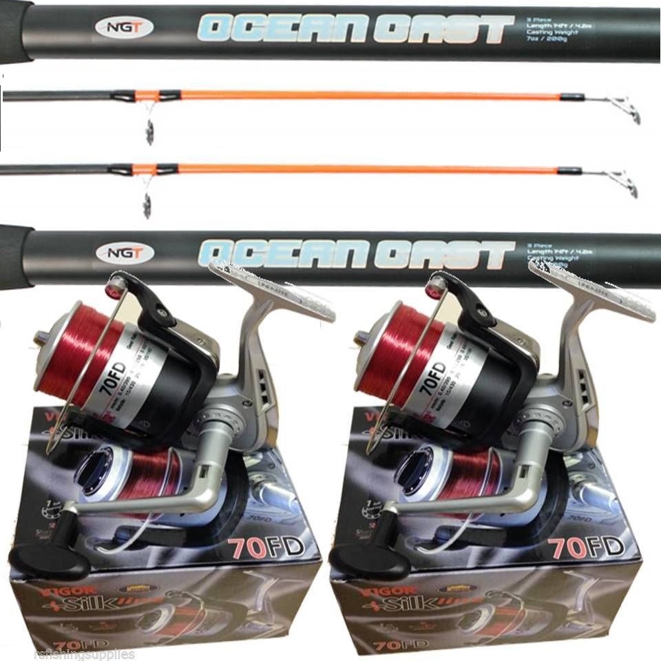 2 x 14 FT Beach Casting Sea Fishing Rods Reels SK 70 Reels Blue Ocean