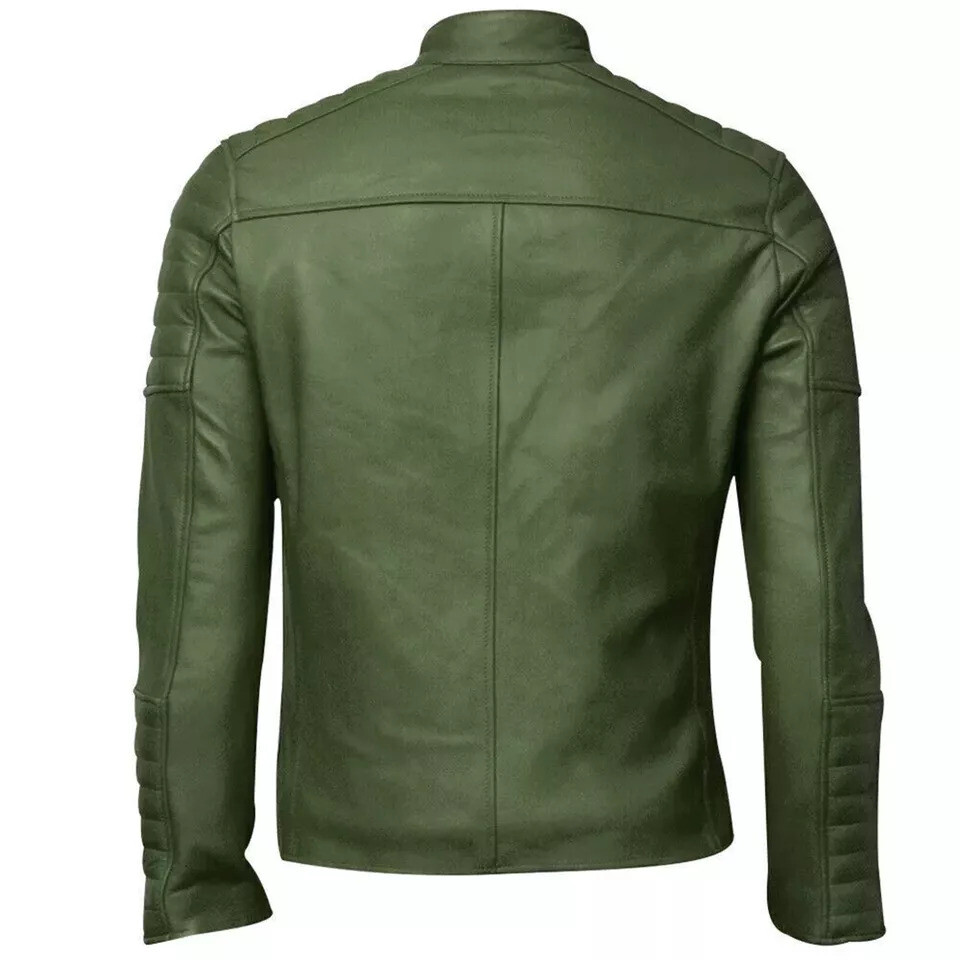 Men's Real Lambskin Soft Green Leather Classic Slim Fit Motorcycle Biker Jackets - Picture 2 of 3