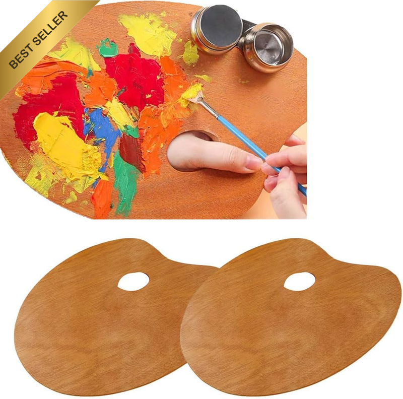 2 Pack Wood Paint Palette, round Paint Tray Palette with Thumb Hole, Oval Shaped