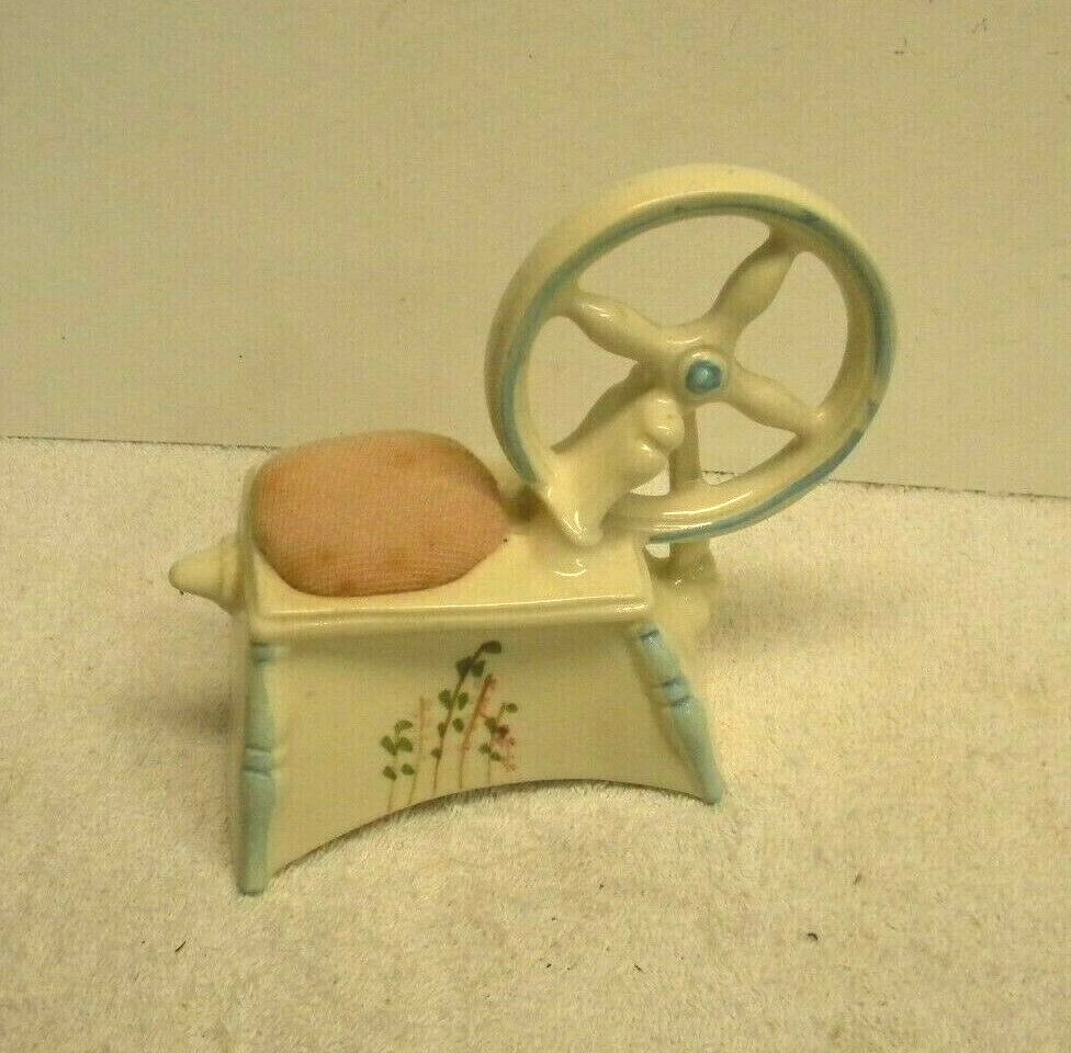 Vintage SPINNING WHEEL Ceramic PIN CUSHION