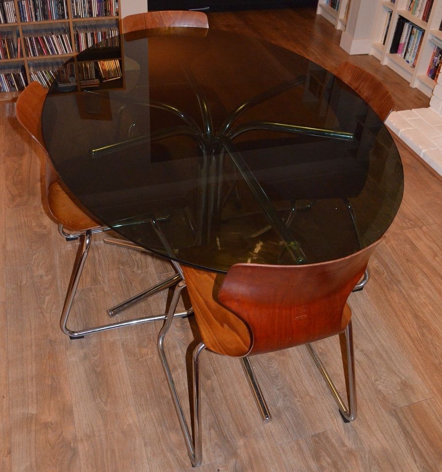 Retro vintage smoked glass dining table on chrome base (seats up to 6