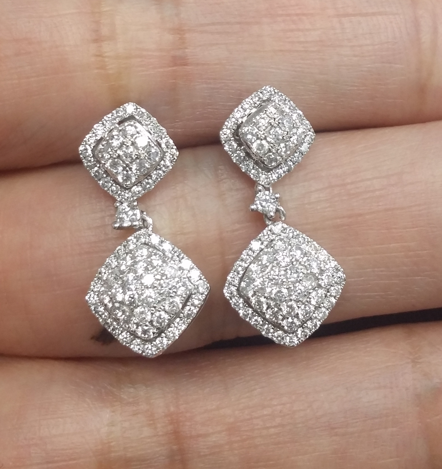 Pre-owned Handmade Deal 1.00ct Natural Round Diamond Cluster Dangle Earrings 14k White Gold 24mm