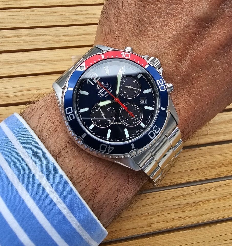 Pre-owned Orient Ra-tx0201l10b Mako Solar Chronograph Blue Face Analog Men's Diver's Watch