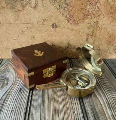 100% Working Brass Brunton Pocket Transit Compass With Wooden box