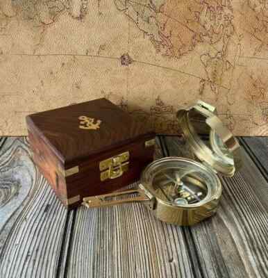 Compass 100% Working Brass Brunton Pocket Transit Compass With Wooden box