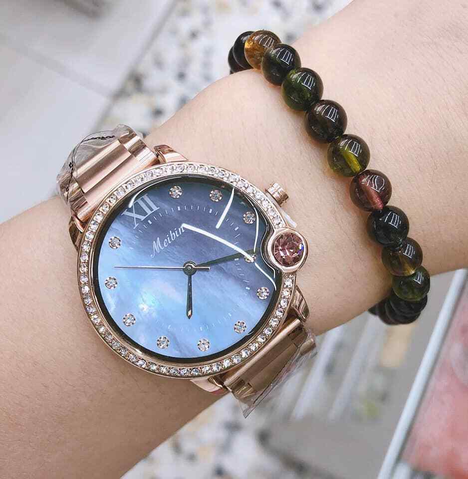 Orologio Polso Meibin Donna Quarzo Acciaio Moda Brillantini Rose Gold Q Blu lac