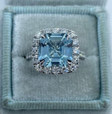 2Ct Ascher Cut Lab created Aquamarine Halo Engagement Ring 14K White Gold Plated