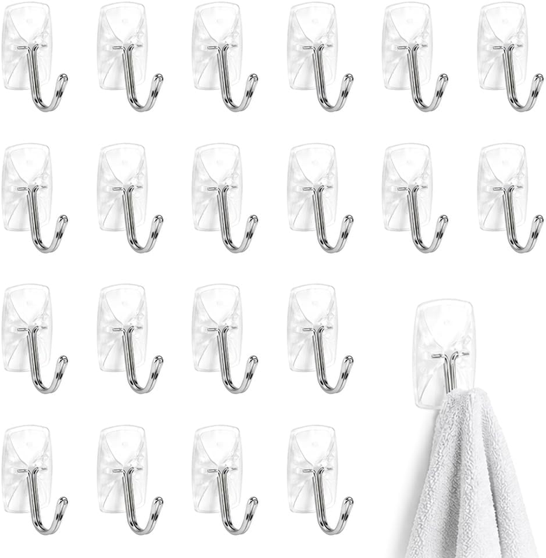 20Pcs Clear Adhesive Wall Hooks, No Drill Waterproof Hangers 5Kg Each