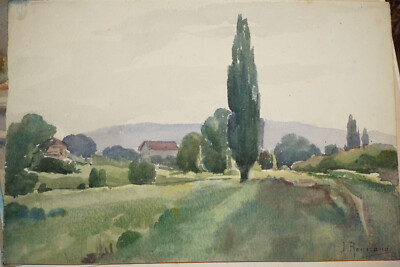 Jules REYNAUD (Genève 1862-1943) DESSIN AQUARELLE PAYSAGE MERIDIONAL CYPRÉS 1900