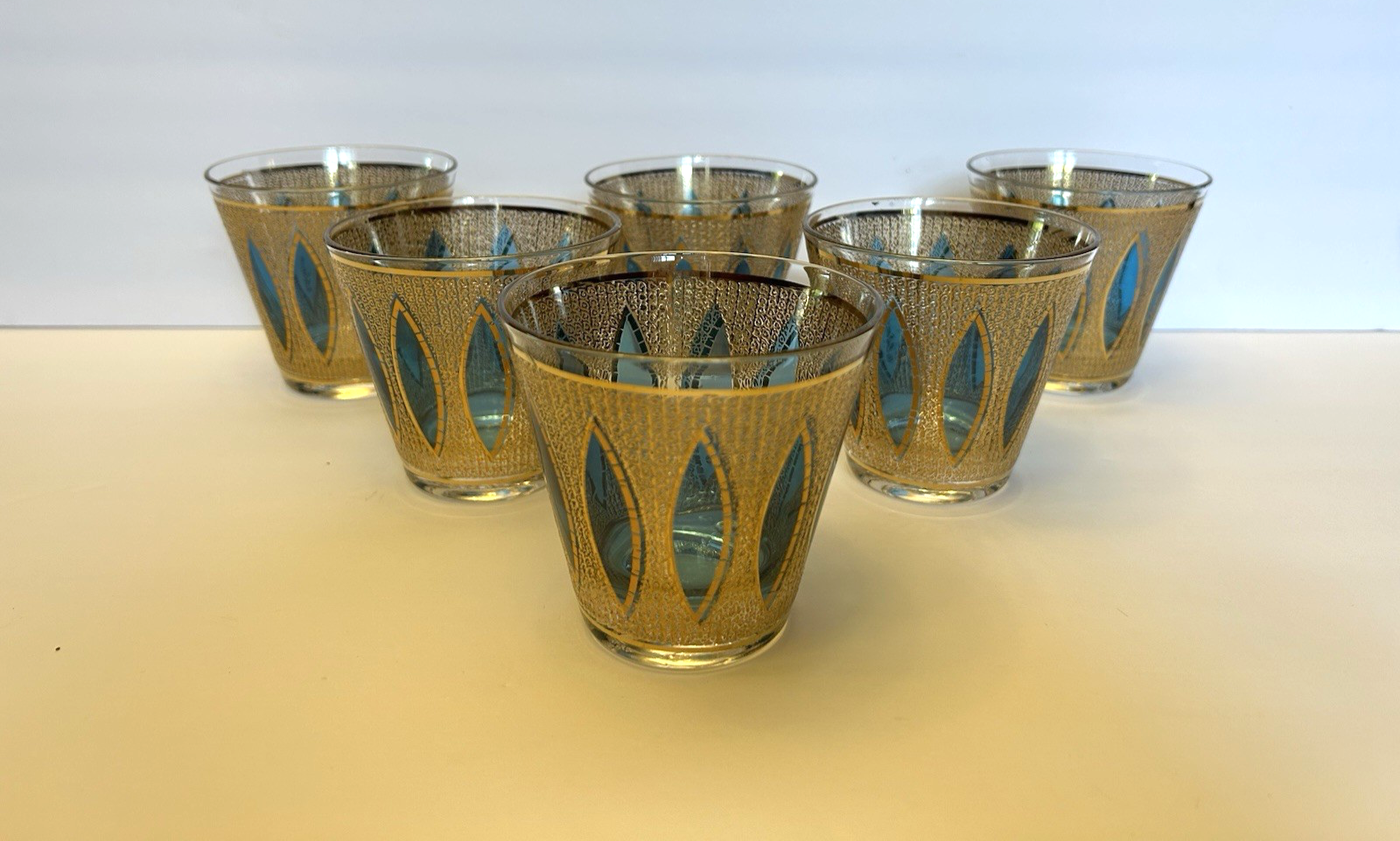6 Vintage Culver Signed Aqua Tiffany Low Ball Rocks Bar Ware
