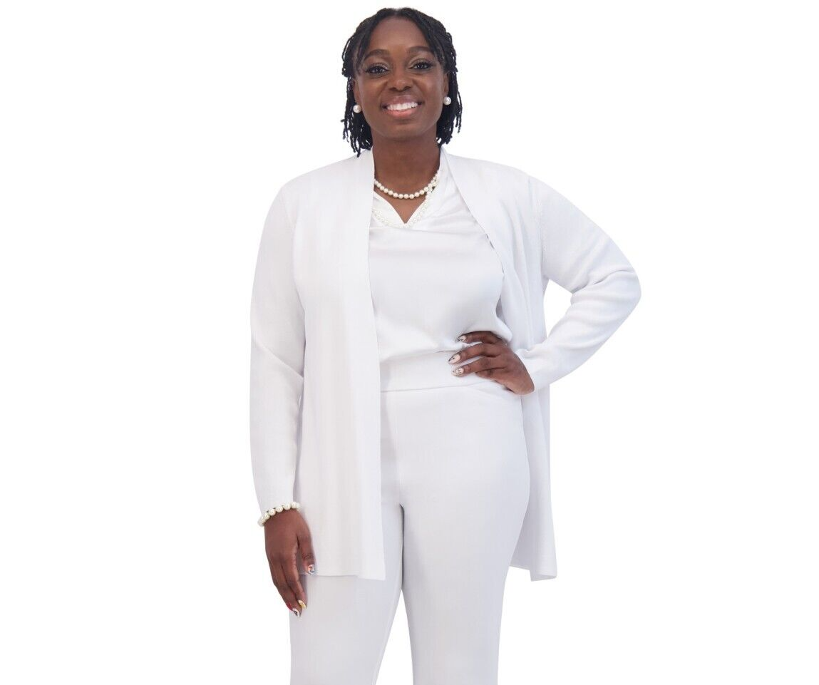 Kasper Open-Front Long-Sleeve Sweater Women's XL White Solid Collarless Pull On - Picture 1 of 16