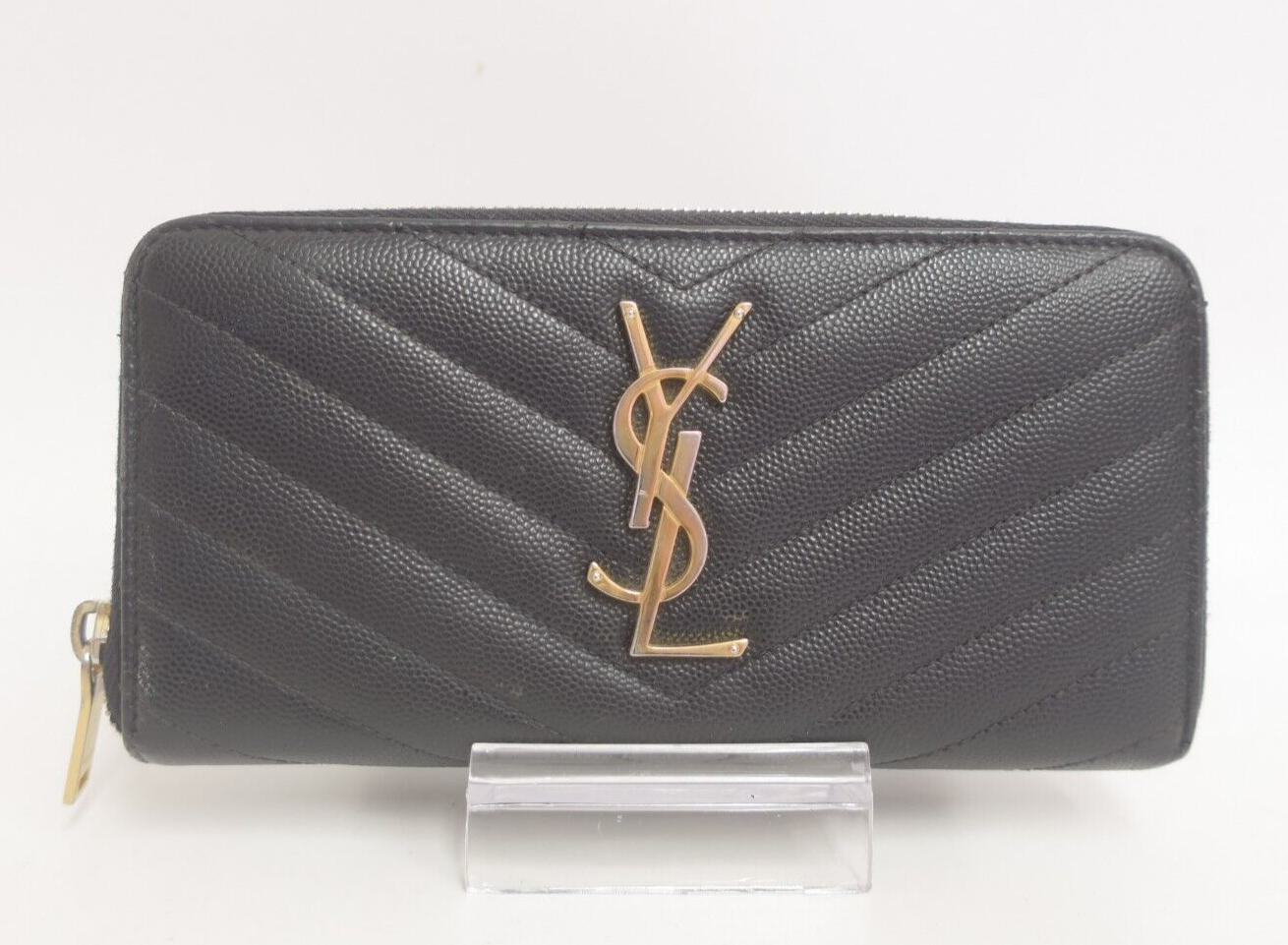 Authentic YSL Saint Laurent Leather V stitch Zip Around Long