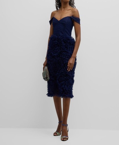 Pre-owned Marchesa Notte $895  Women's Blue Polka Dot Ruffled Off-shoulder Dress Size 4
