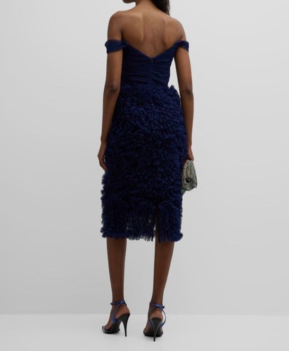 Pre-owned Marchesa Notte $895  Women's Blue Polka Dot Ruffled Off-shoulder Dress Size 4