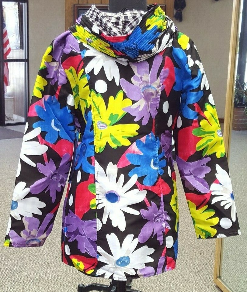 Pre-owned Ubu Reversible 32" Zip Front Raincoat - Vivacious Floral To Gingham Plaid In Multicolor