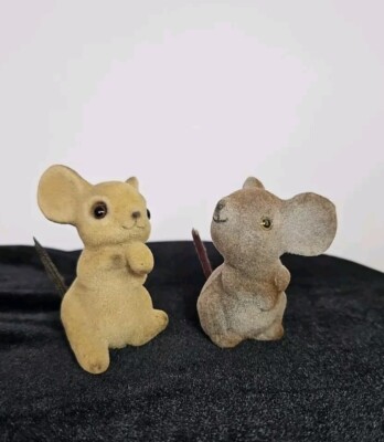 Lot Of 2 Flocked Fuzzy Mouse Figurines 