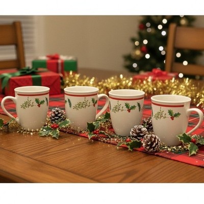 Royal Norfolk Christmas Holly Berry Coffee Cups, Set of 4, Ceramic Holiday Mugs