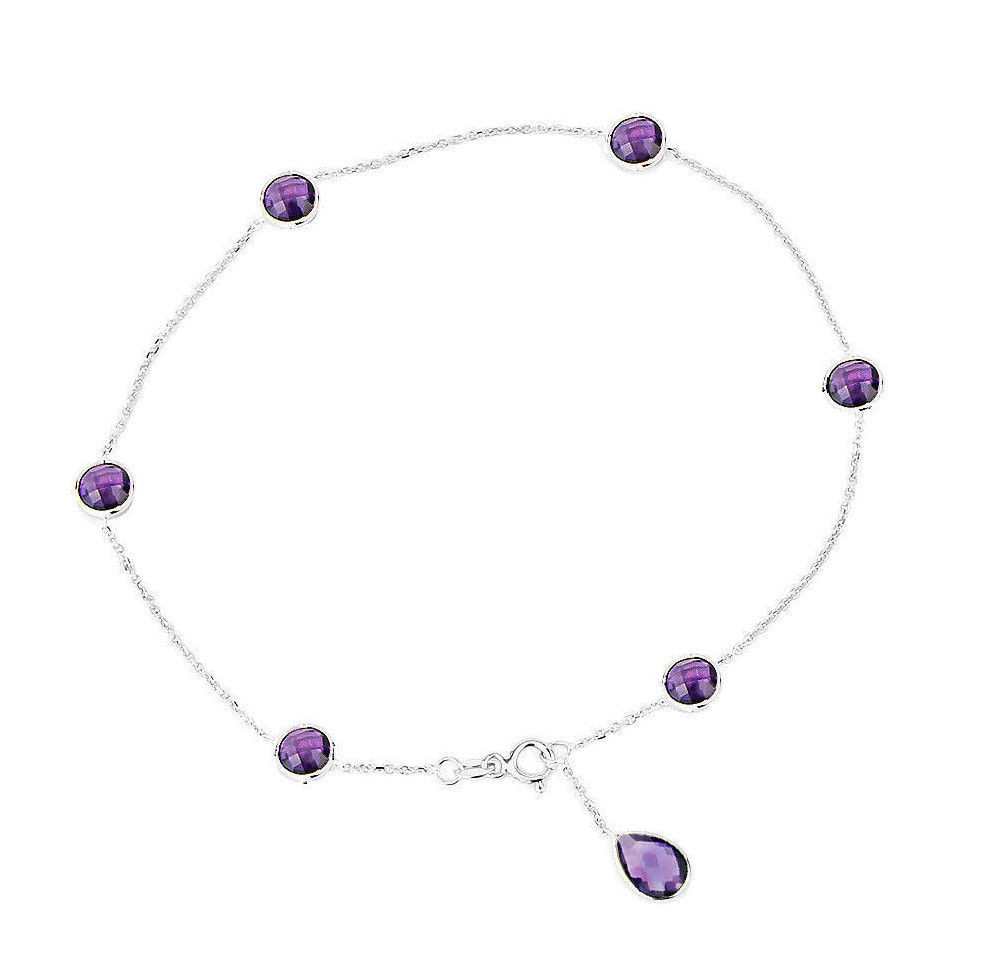 14K Yellow Gold Gemstone Anklet With Round and Pear Shaped Amethysts 10.5 Inches
