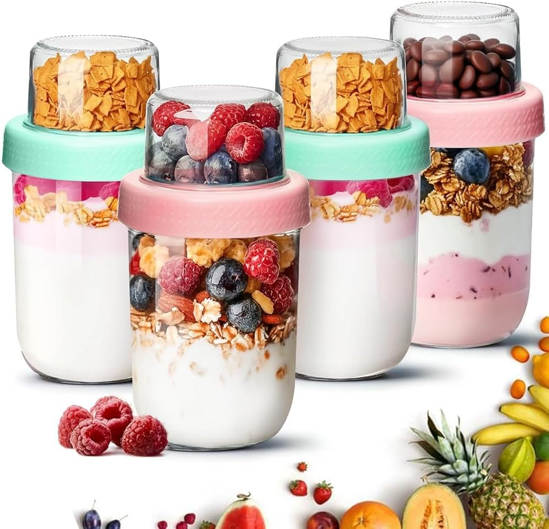 Overnight Oats Container Jar with Lids（16Oz+4Oz,4 Pcs）Dual-Laryer Chia Pudding J