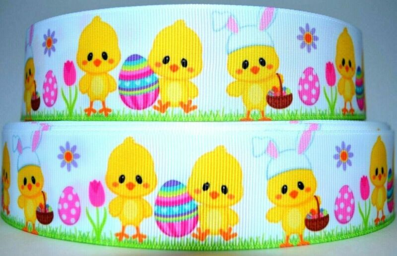 Grosgrain Ribbon 7/8" & 1.5"  Easter Eggs, Chick & Bunny Chick Printed. 