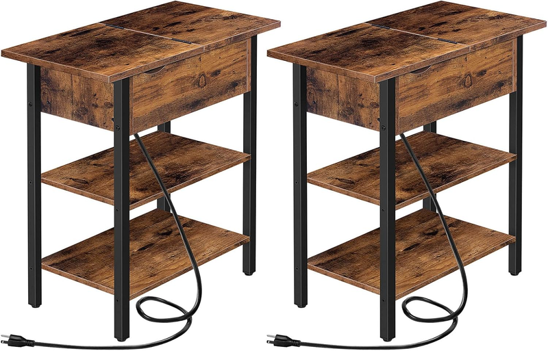 Set of 2 End Tables, Side Table with Charging Station, Flip Top Nightstand with USB Ports and Outlets, Bedside Tables with Shelf for Small Spaces, Living Room, Bedroom, Rustic Brown BF341BZP201