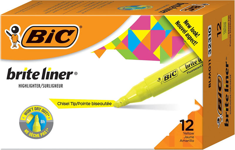 BIC Brite Liner Highlighter, Tank Style, Chisel Tip, Box of 