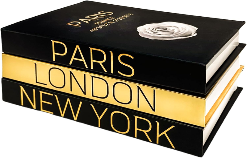Decorative Books Set of 3 Faux Book Stack Black Gold Foil Paris London New York