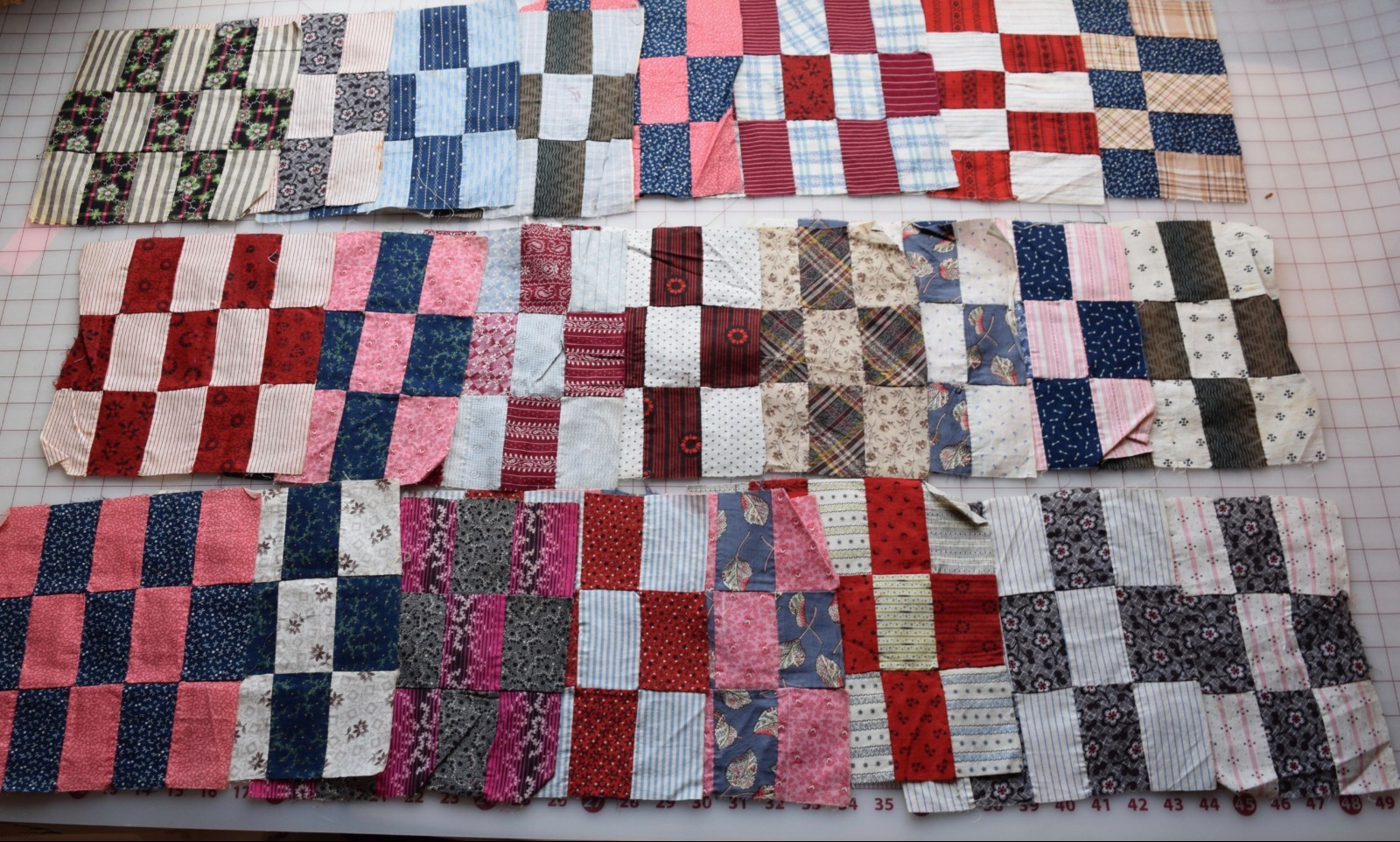 7023  24 antique 1870-90's Bricks 15 Patch quilt blocks, neons, shirting stripes