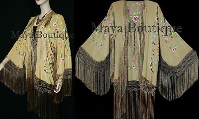 Pre-owned Maya Matazaro Gold Beige Silk Embroidered Fringe Jacket Flamenco Kimono Multi
