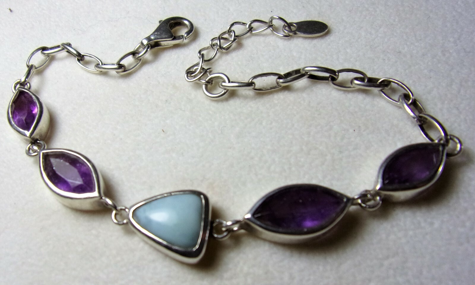 Vintage Sterling Silver Amethyst Blue Sodalite Stone Chain Link Bracelet 8.5