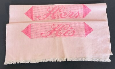 2 Vintage His and Hers Embroidered Linen Tea Hand Towels Pink Large