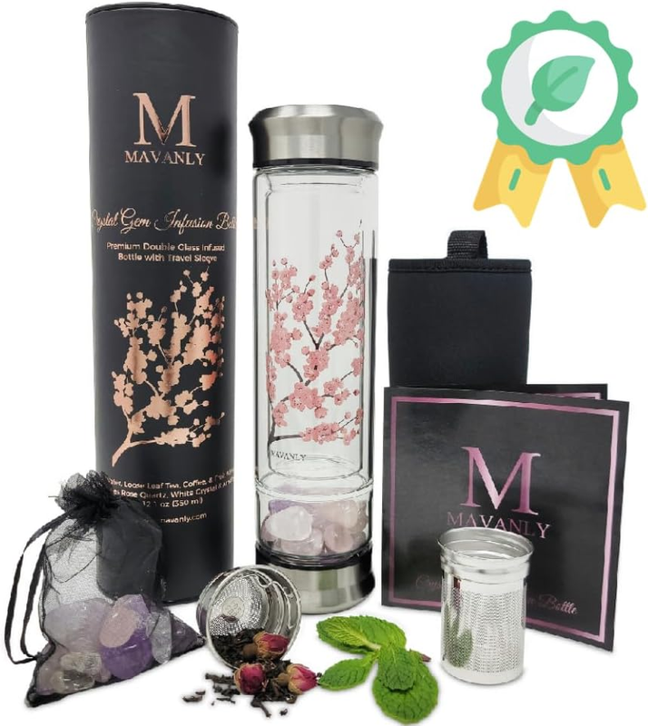 Cherry Blossom Double Walled Glass Water Bottle with Crystals inside Eco-Friendl