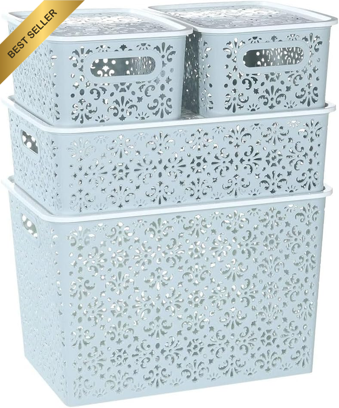 4-Pack Plastic Storage Boxes with Handles and Lids, Patterned Hollow Design, Sta