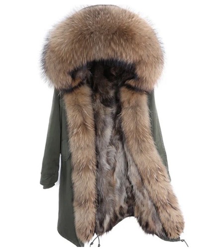 Pre-owned Fox Real Rabbit And  Fur Army Green Parka