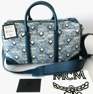 MCM Women's Small Essential Monogram Leather Boston Bag - Blue