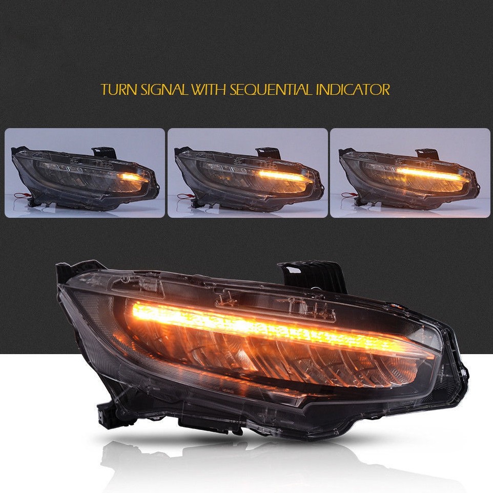 2X LED Headlights With Sequential Indicator For 20162018 Honda Civic