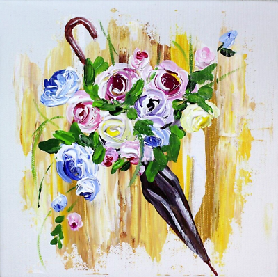 Original Acrylic Painting on Canvas Umbrella with Flowers Wall Decor