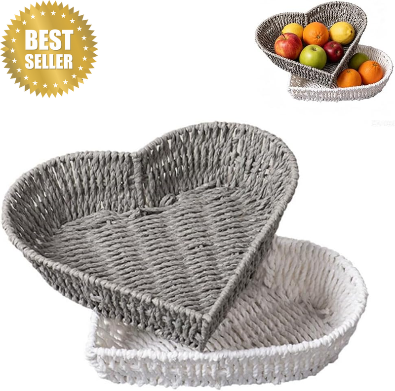 Heart Shaped Rattan Tray Set Handmade Nesting Serving Bowls | Romantic Home Acce
