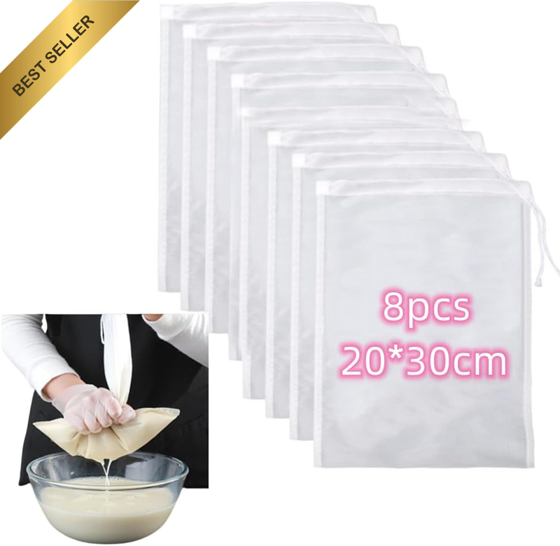 8 Pcs Nut Milk Bags, 20X30 Cm 200 Mesh Nylon Filter Strainer, Food Grade Reusabl