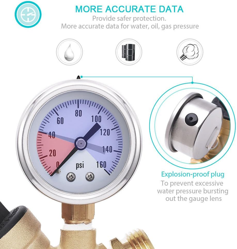 Water Pressure Regulator, Brass Lead-Free Adjustable Water Pressure Reducer with