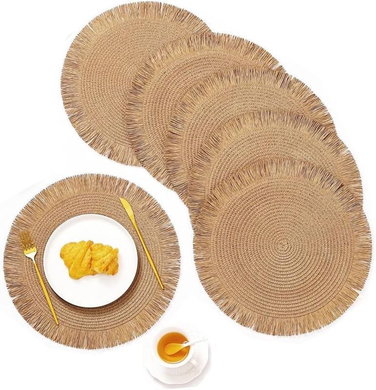 6 Pack round Woven Placemats Set,Boho Placemats Table Mats 38Cm,Washable Braided