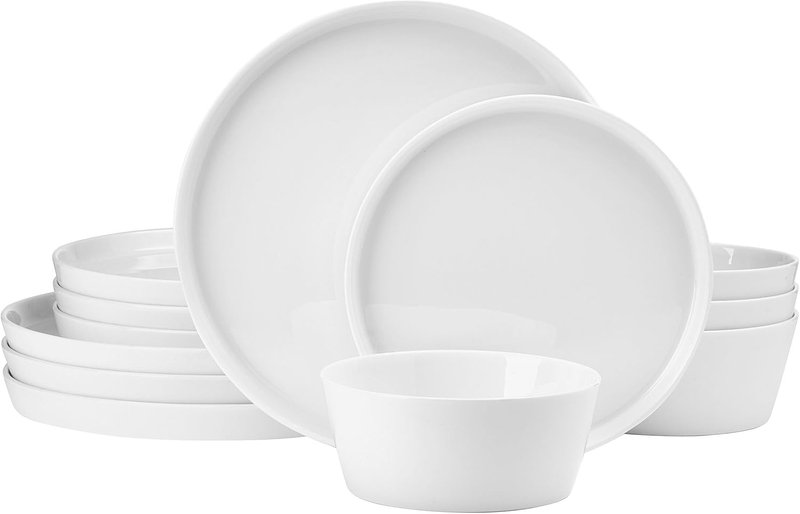 Rylee High Rim 12 Piece Bone China Durable Chip Resistant Lightweight Dinnerware Set, Service for 4, White