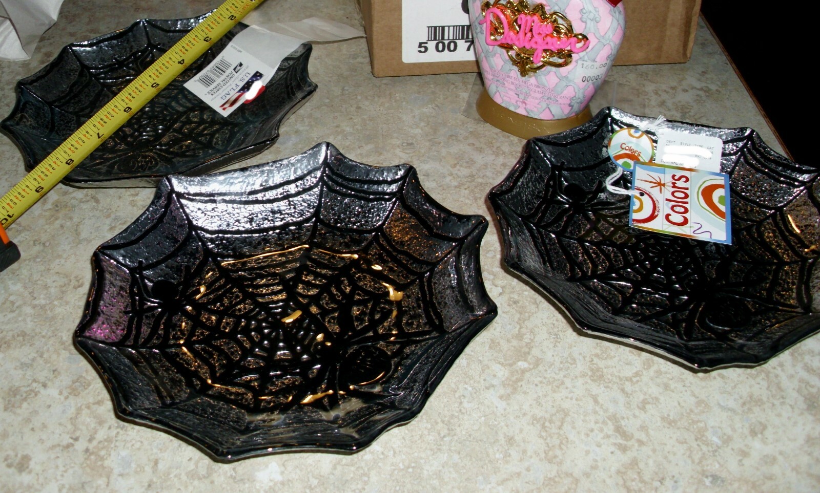 $60 3 Black Goth GLASS Spiders Colorful Spiderweb Plates Dishes Hand Decorated