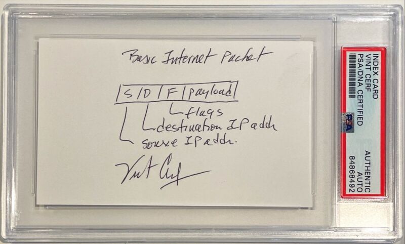 Vint Cerf Google Basic Internet Pachet Signed Sketch Auto 3x5 Index Card PSA/DNA