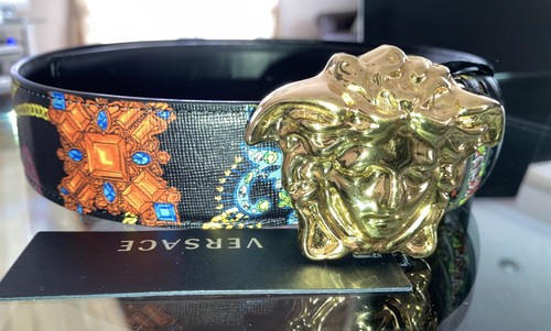 NEW Versace Men's Blue Black Baroque Leather MEDUSA Buckle