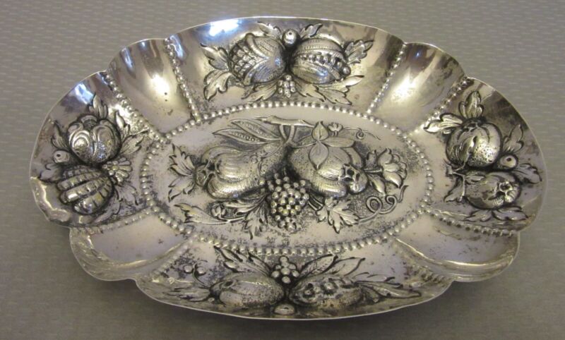 Antique 800 Silver Repousse Fruit Dish Bowl Germany crescent crown hallmark 8"