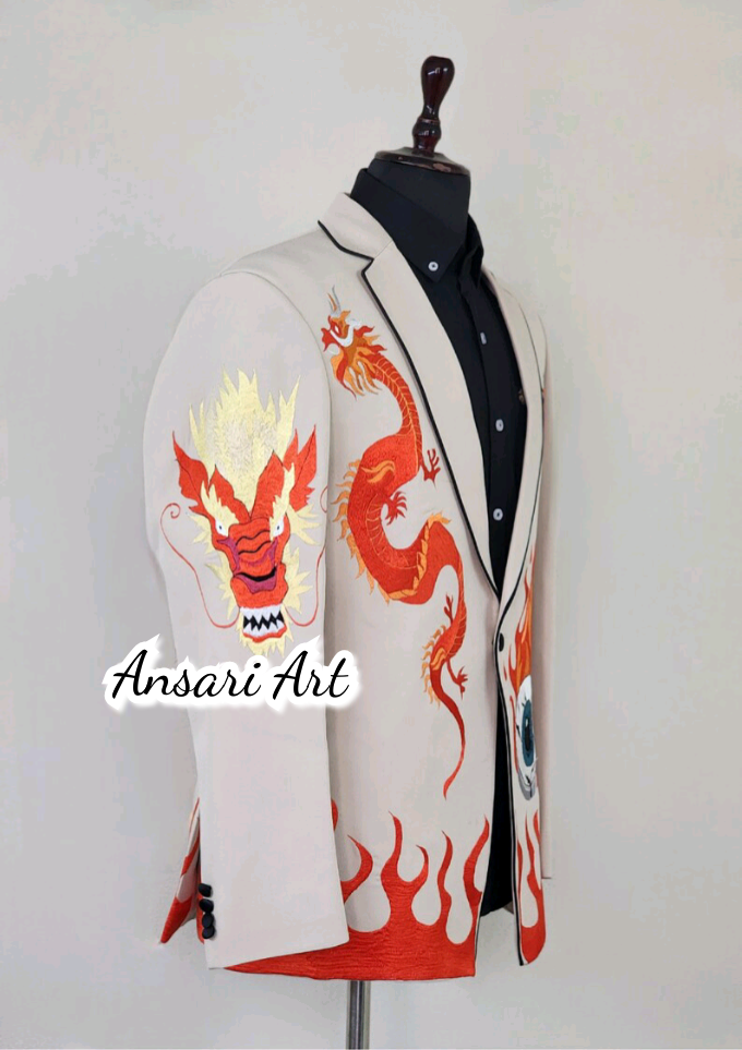 Pre-owned Art Men's Light Brown 2pc Bespoke Western Suit Dragon $ Fire Flames Embroidered