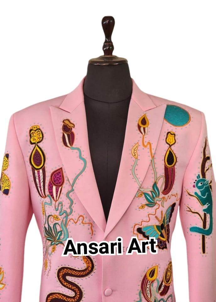 Pre-owned Art Men Pink 2pc Custom Made Floral Embroidered Western Nudie Suit Wedding Outfits