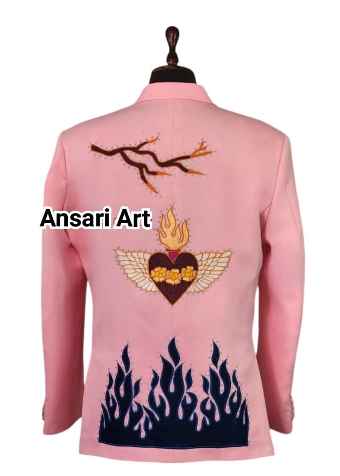 Pre-owned Art Men Pink 2pc Custom Made Floral Embroidered Western Nudie Suit Wedding Outfits